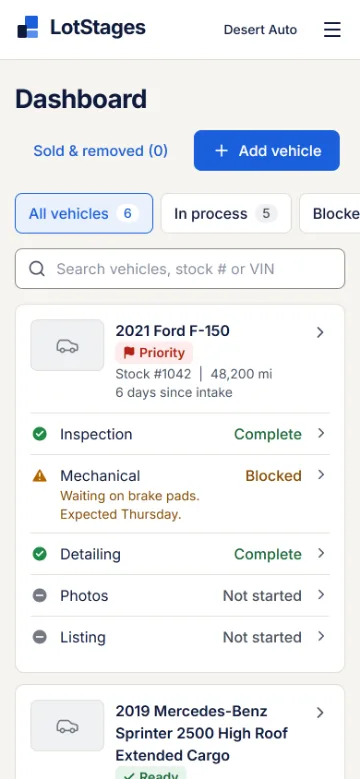 The Dashboard on a phone: a card for the F-150 listing each stage's status, with the Mechanical blocker's reason.