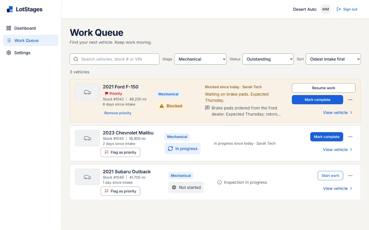 The Work Queue filtered to the Mechanical stage, showing three different sample vehicles: a priority 2021 Ford F-150 blocked waiting on brake pads, with Resume work and Mark complete; a 2023 Chevrolet Malibu in progress, with Mark complete; and a 2021 Subaru Outback not started, with Start work.