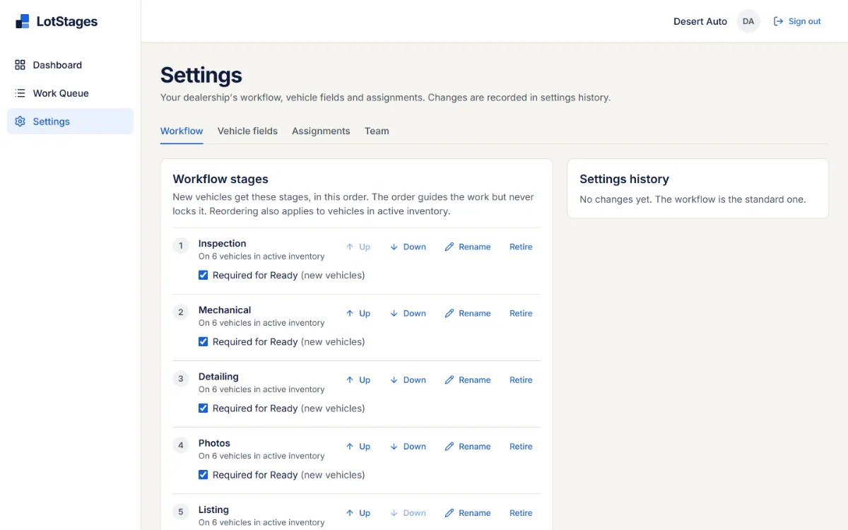 Workflow settings listing the five starting stages, each with Up, Down, Rename and Retire, and a Required for Ready checkbox.