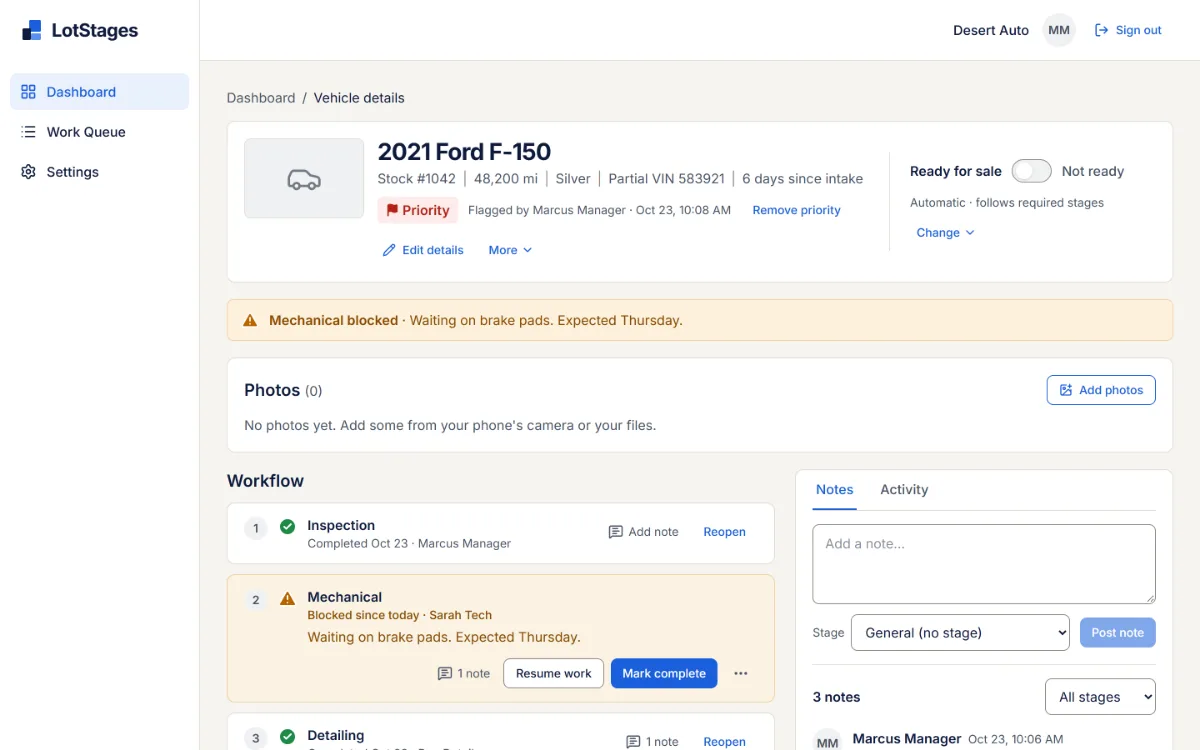 The vehicle page for a sample 2021 Ford F-150: details with a partial VIN, a Priority flag, Ready for sale set to Not ready, a banner saying Mechanical is blocked, the workflow stages, and the notes panel.